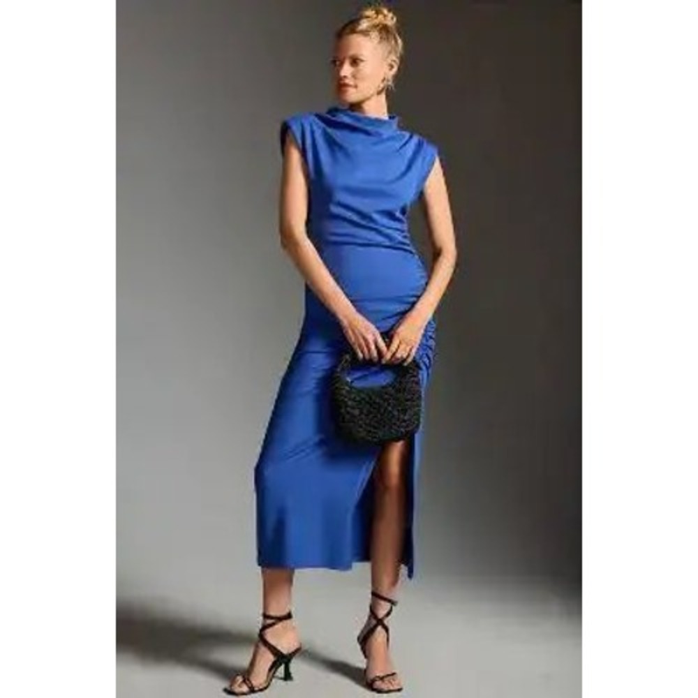 Anthropologie Maya Dress Ruched Cowl Neck Midi Medium Blue Adaptive Cocktail NWT